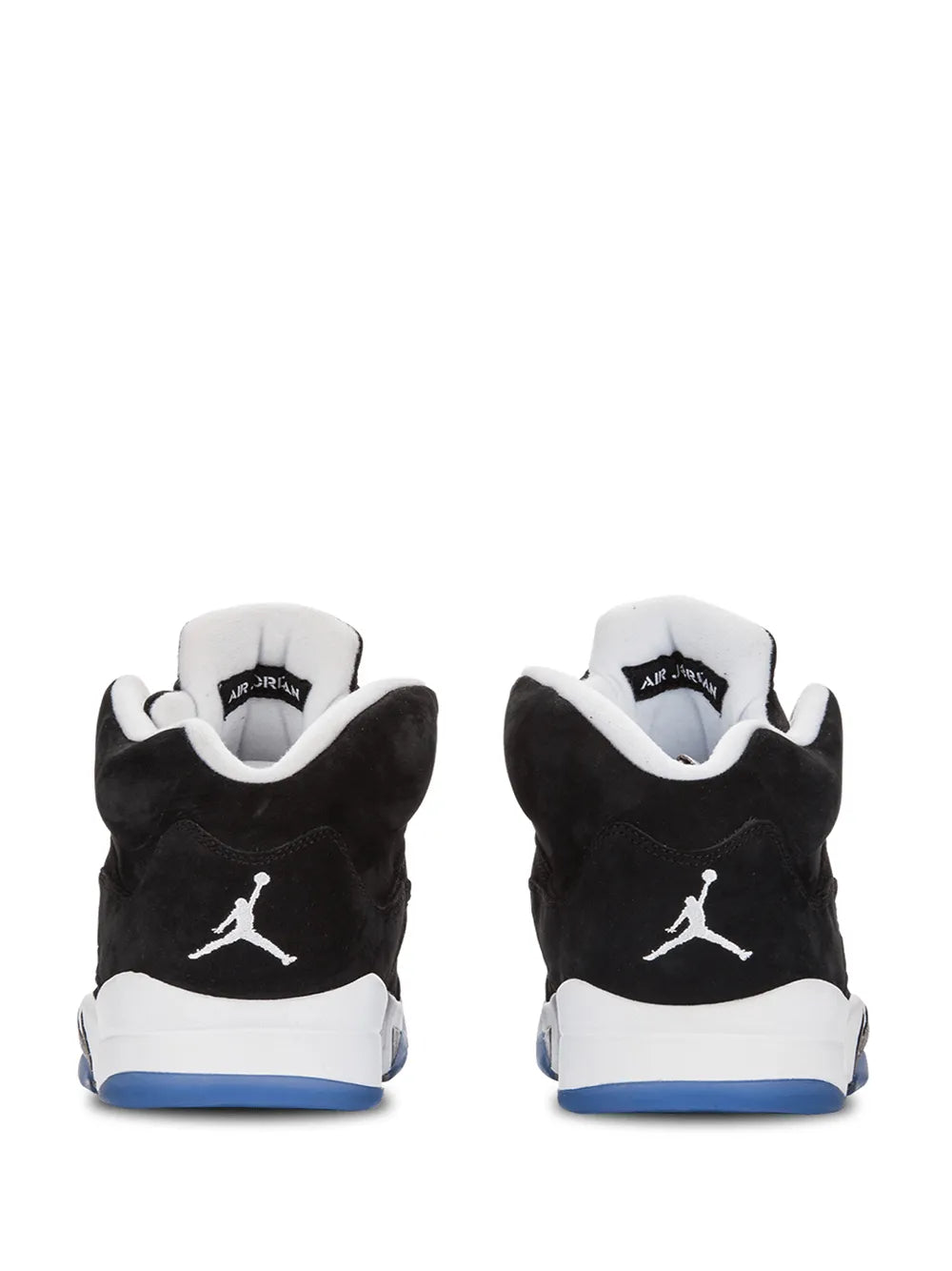 Black suede sneakers with white heel lining and Jumpman logo, white sole, blue edge