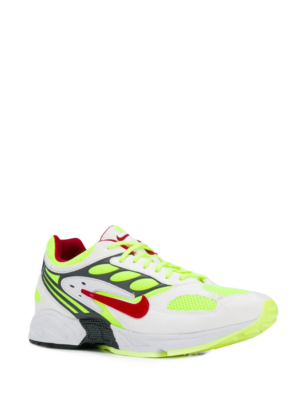 Nike retro running sneakers, side view with white upper, neon green details and red swoosh