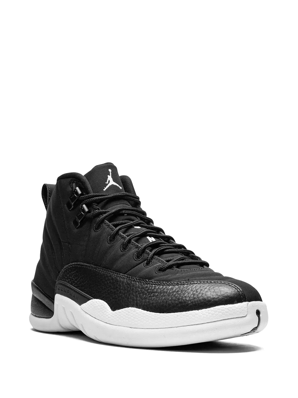 Black high-top sneaker with Air Jordan logo tongue and white outsole midsole