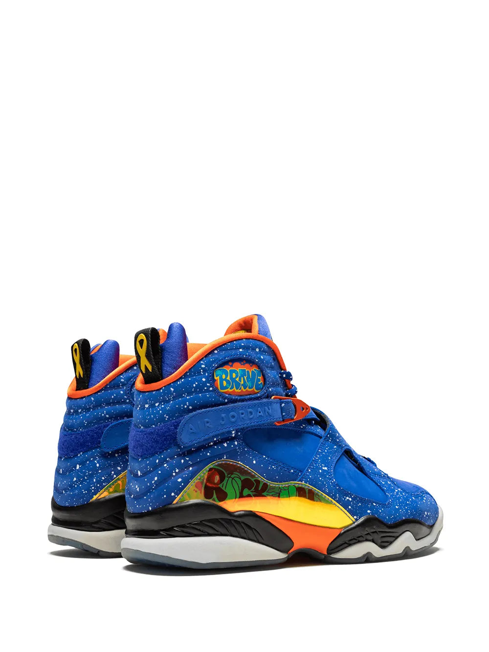 Air Jordan 8 Retro Doernbecher sneakers, blue with orange trim and 'BRAVE' tongue graphic