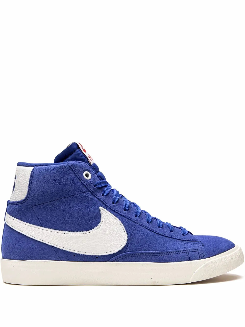 Blue high-top sneakers with white Nike swoosh and lace-up closure