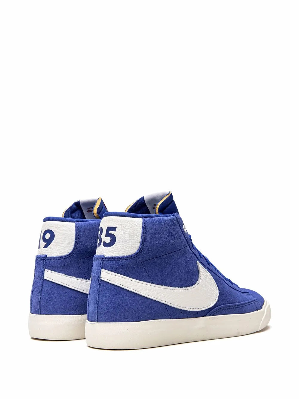 Blue high-top sneakers with white heel patches and white Nike swoosh