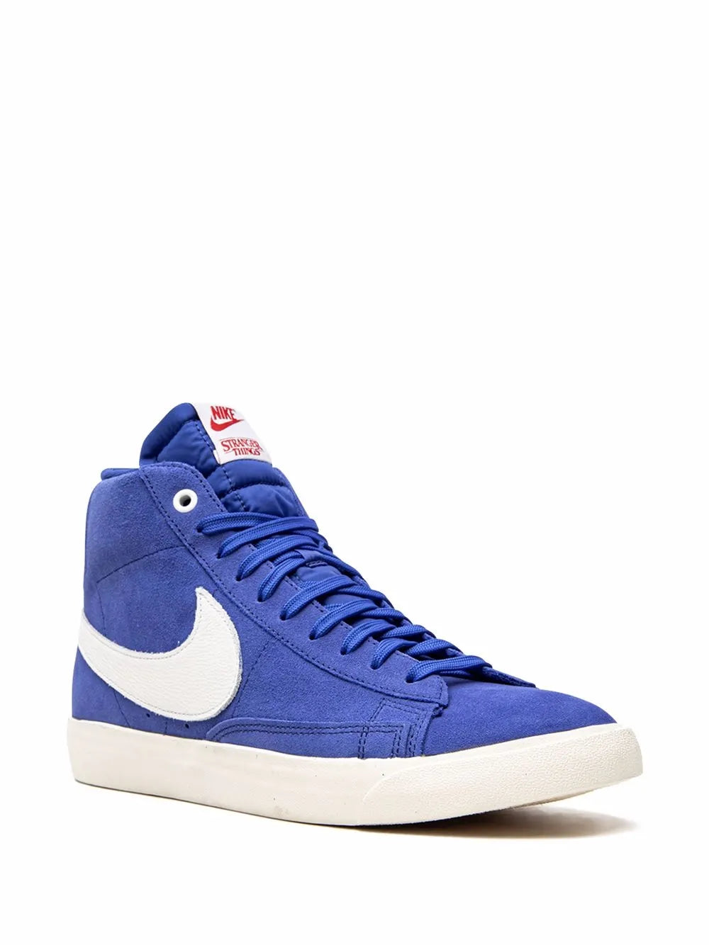 Blue high-top sneakers with white Nike swoosh and red logo on tongue
