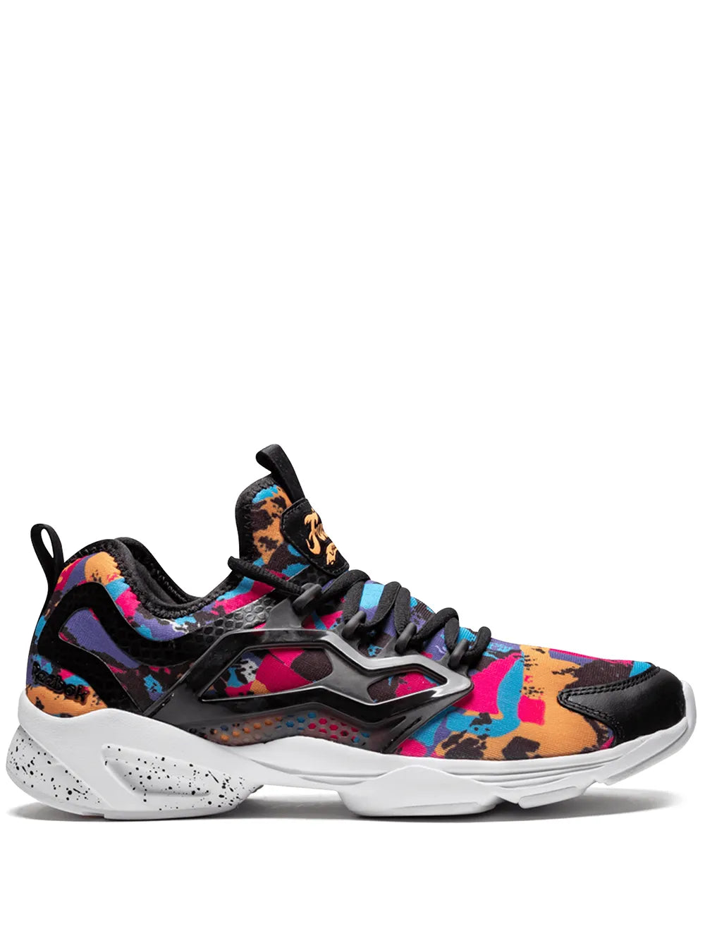 Reebok mid-top sneaker with black and multicolor camo panels, lace-up