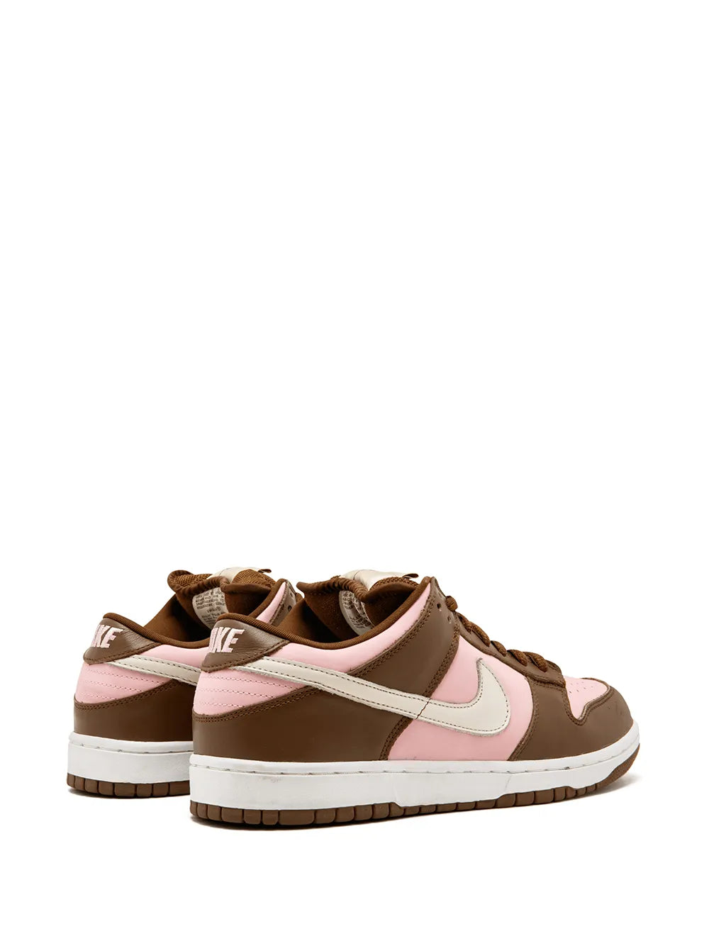 Nike Dunk Low Pro SB low-top sneakers, heel and side view, brown, pink, and white