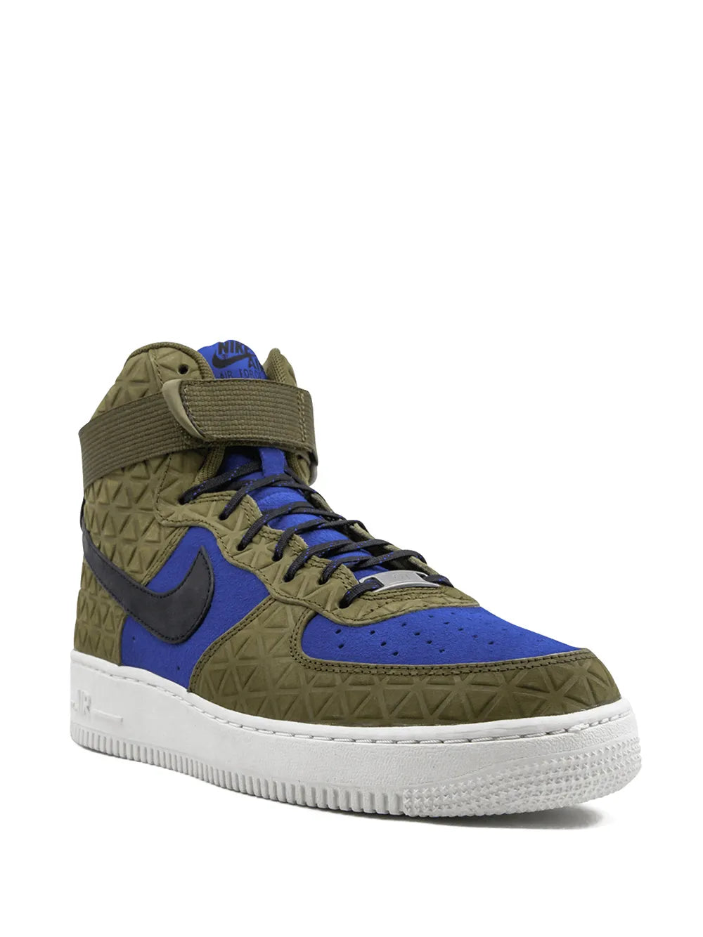 Nike Air Force 1 high-top suede sneakers, olive panels with blue Swoosh and laces