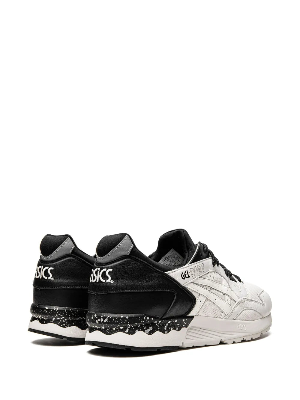 Asics Gel-Lyte 5 sneakers, heel and side view, black upper with speckled midsole