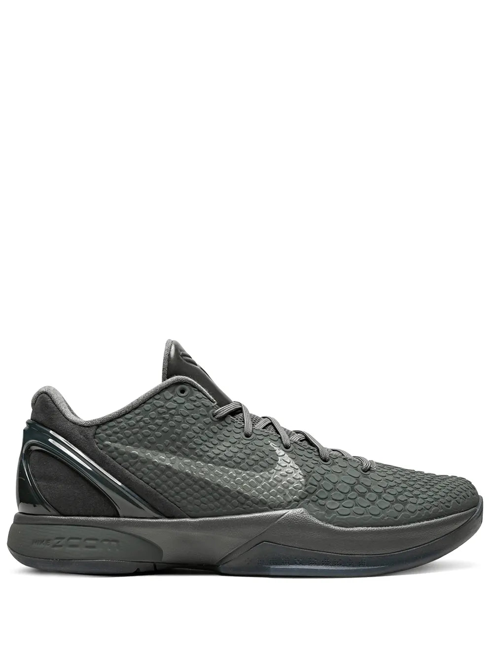Dark gray textured basketball sneaker with low-cut collar and lace-up front