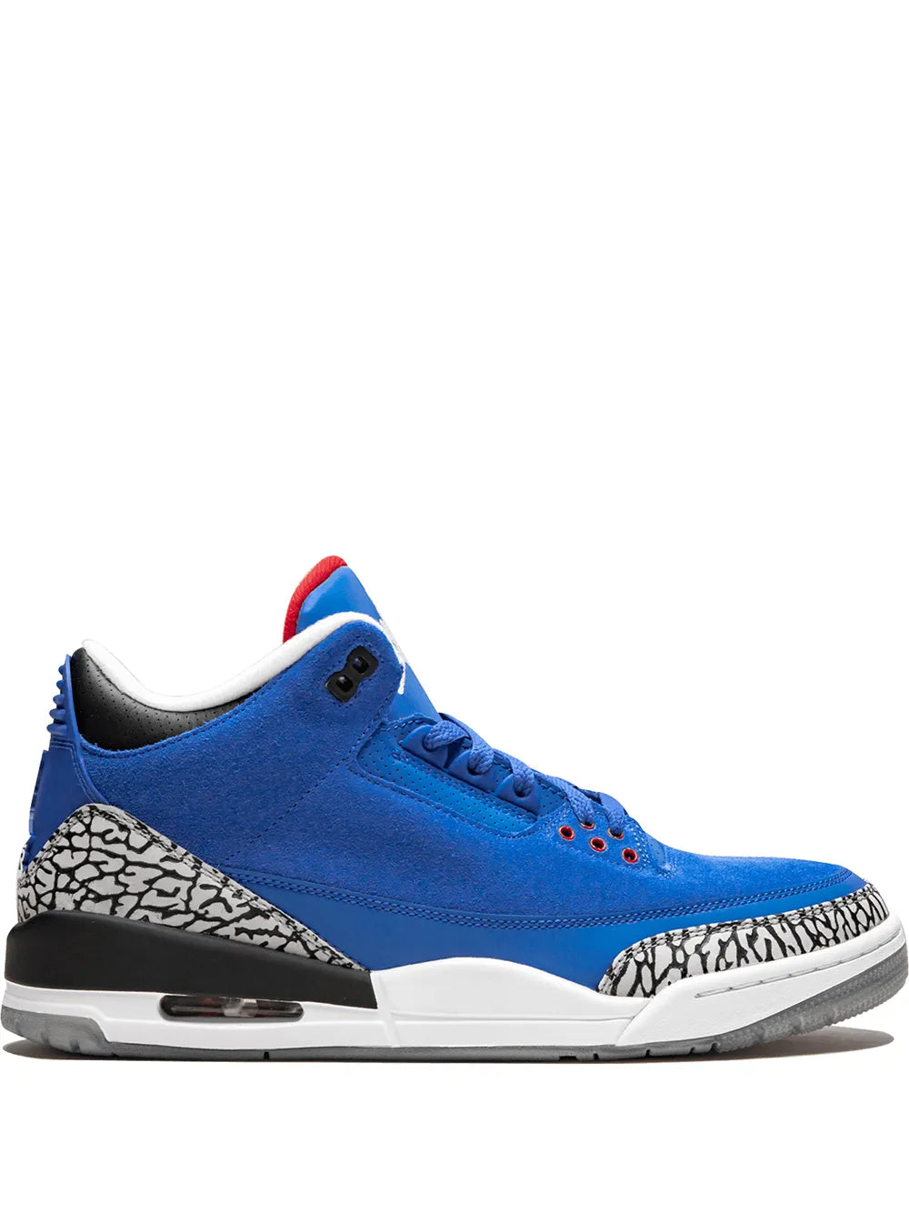 Royal blue Air Jordan 3 Retro sneakers, white midsole, black/white elephant print panel