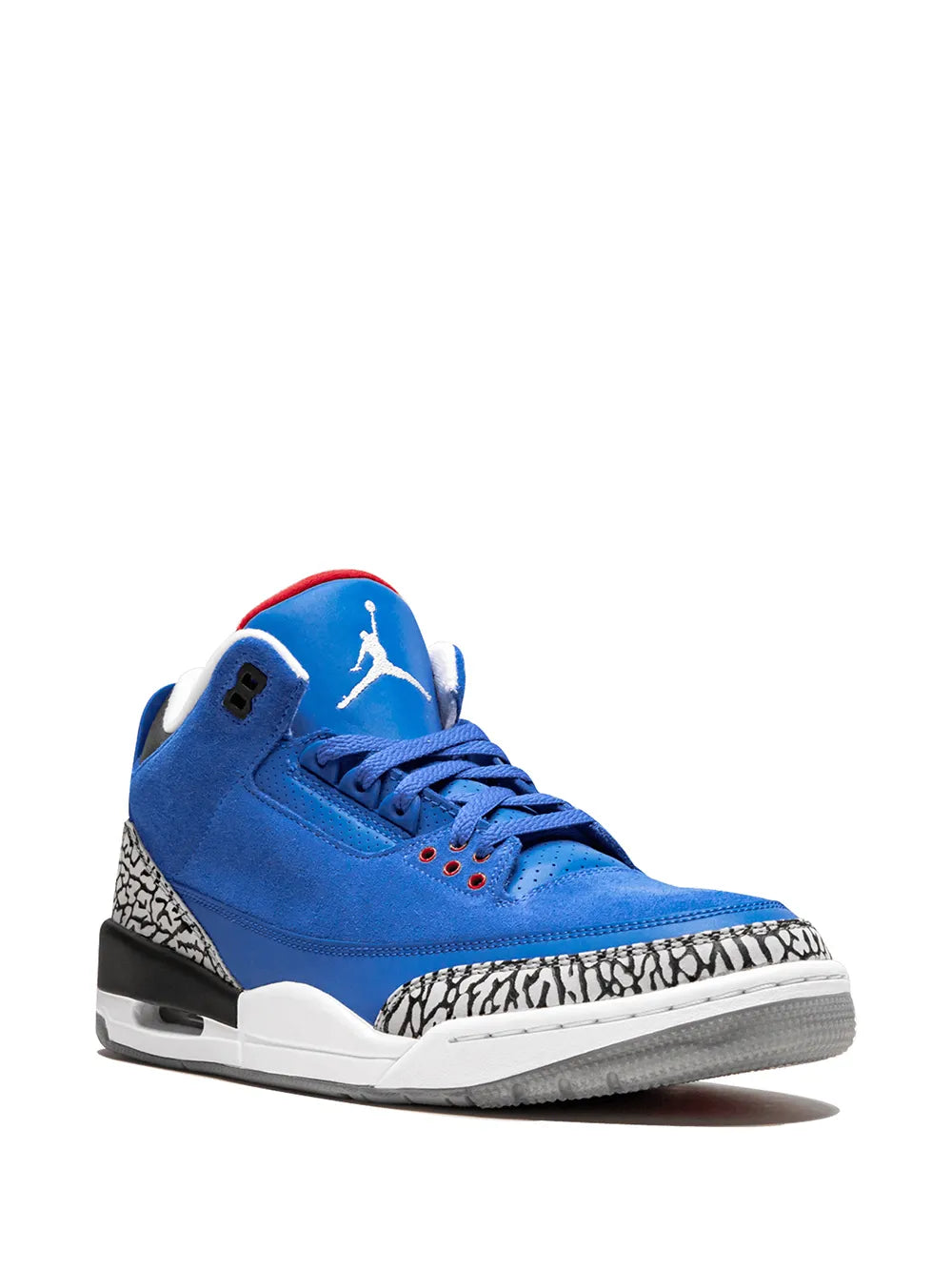Blue Air Jordan 3 Retro sneaker with red accents, elephant print midfoot, white outsole