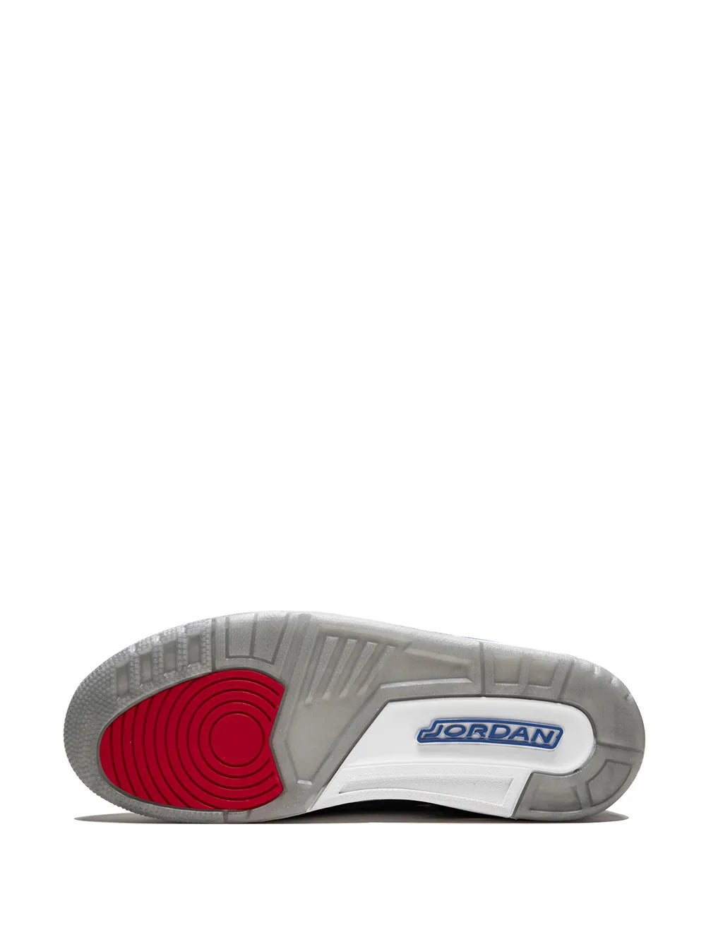 Air Jordan outsole view with red heel section and JORDAN logo on white rubber tread