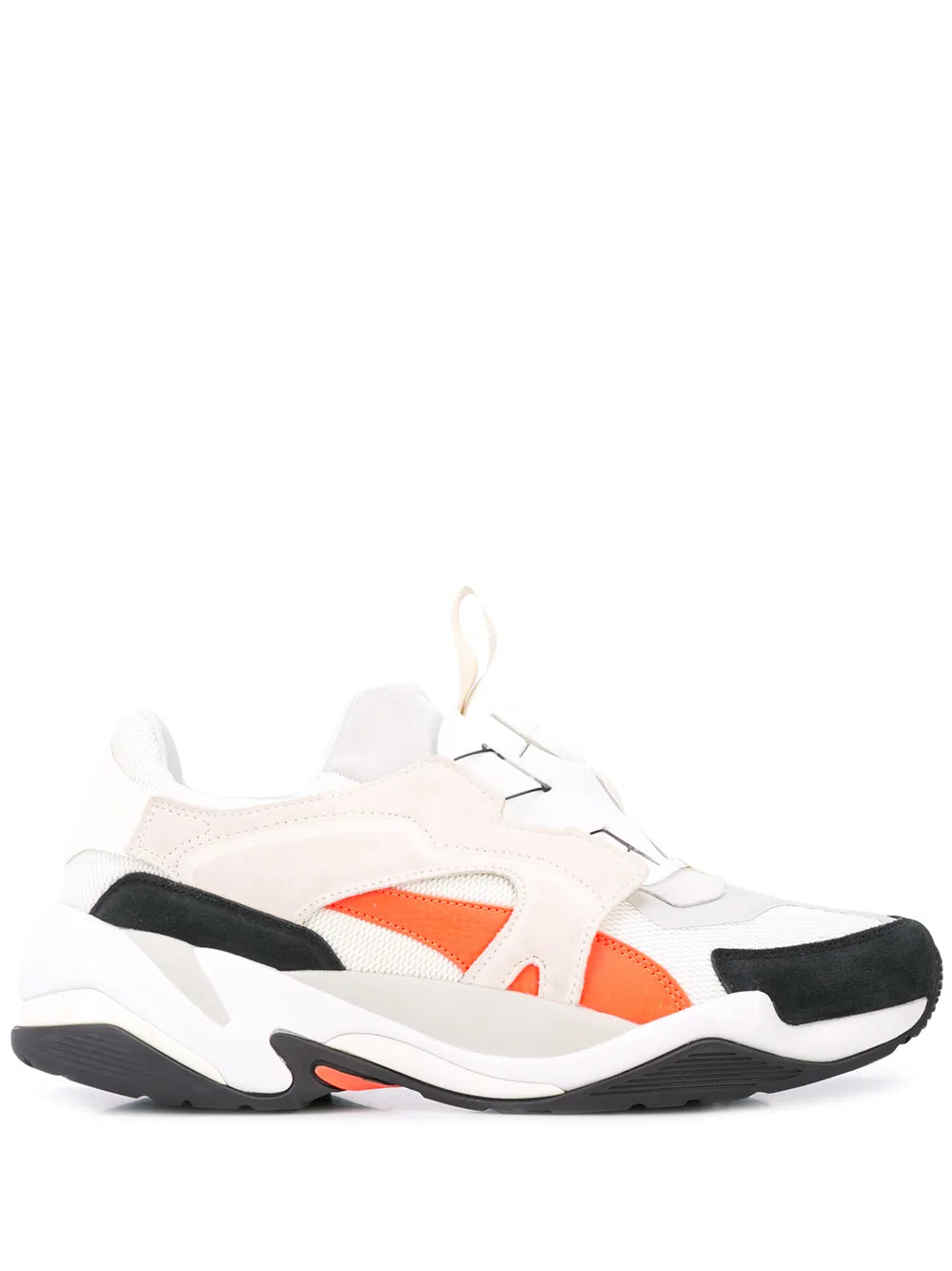 White and orange low-top athletic sneaker with black side trim and chunky sole