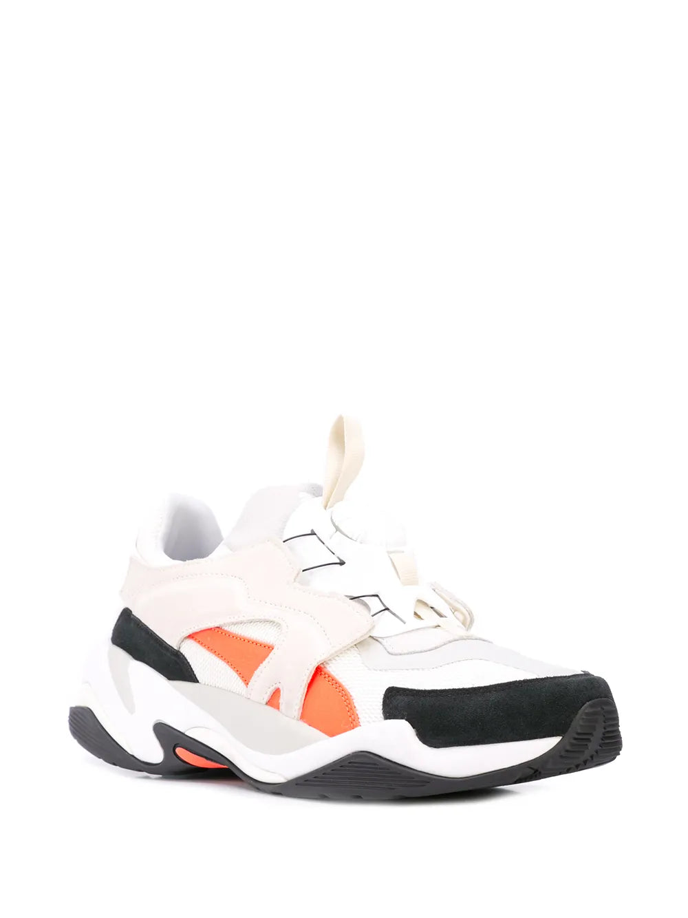 White low-top sneaker with orange panels, black accents, and chunky outsole