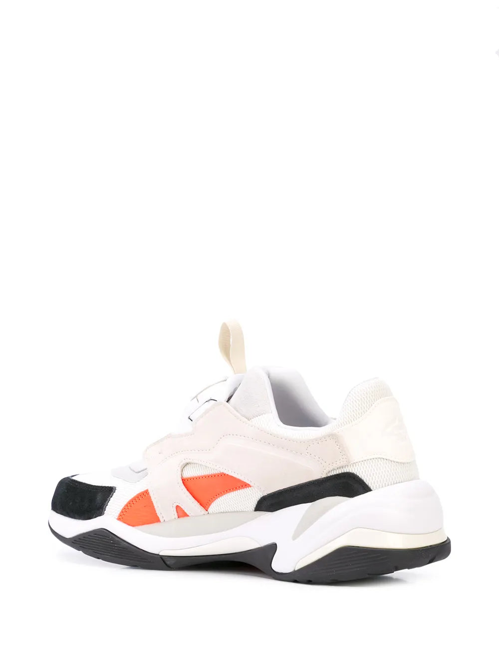 White low-top sneaker side view with orange logo paneling and black heel
