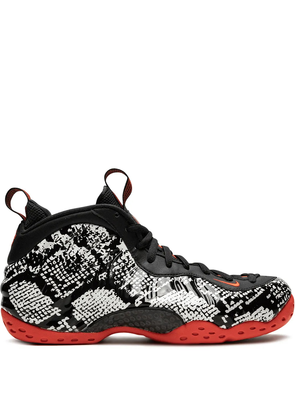 Nike Air Foamposite One shoe, black and white speckled upper, red rubber outsole