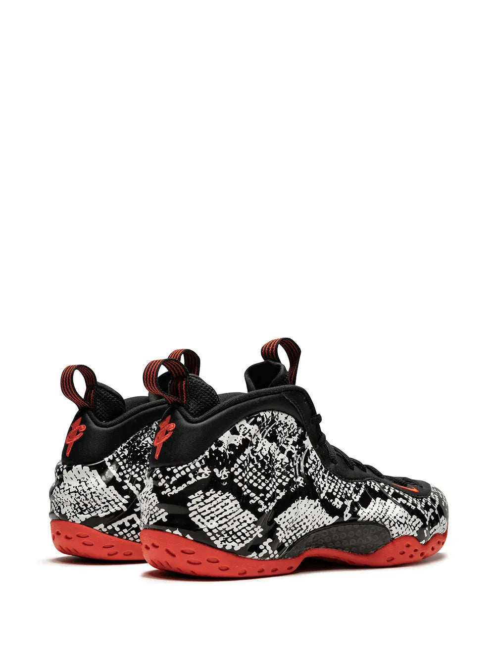 Nike Air Foamposite One shoe, black laces, black/white speckled foam with red trim