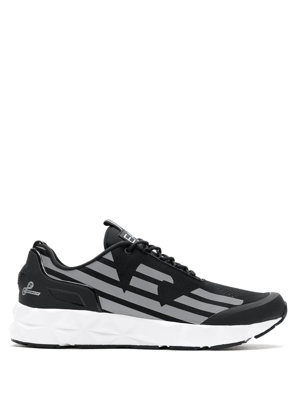Black low-top sneakers with EA7 side logo print and black laces, white midsole