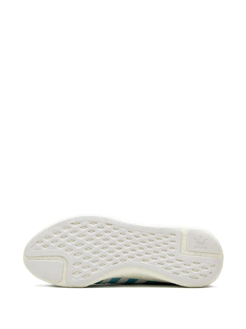 White rubber outsole with tread pattern and blue heel edge