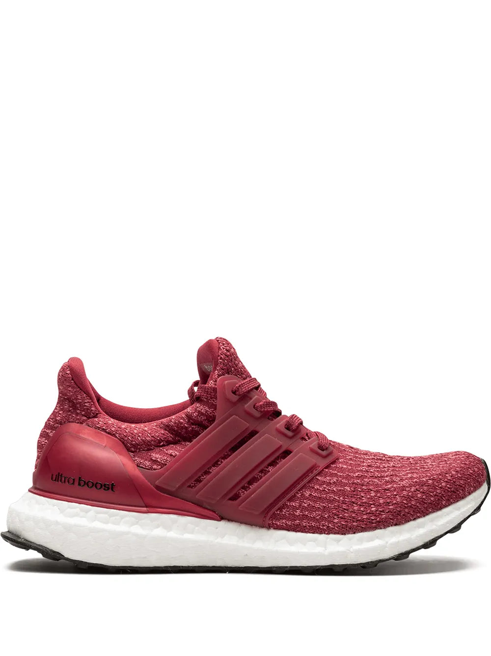 Red adidas Ultraboost running shoe with knit upper and three-stripe cage