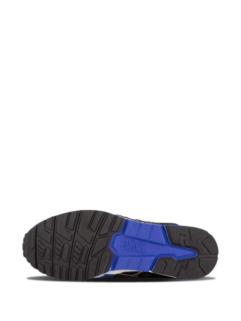 Running sneaker outsole with blue ASICS logo and deep rubber tread pattern