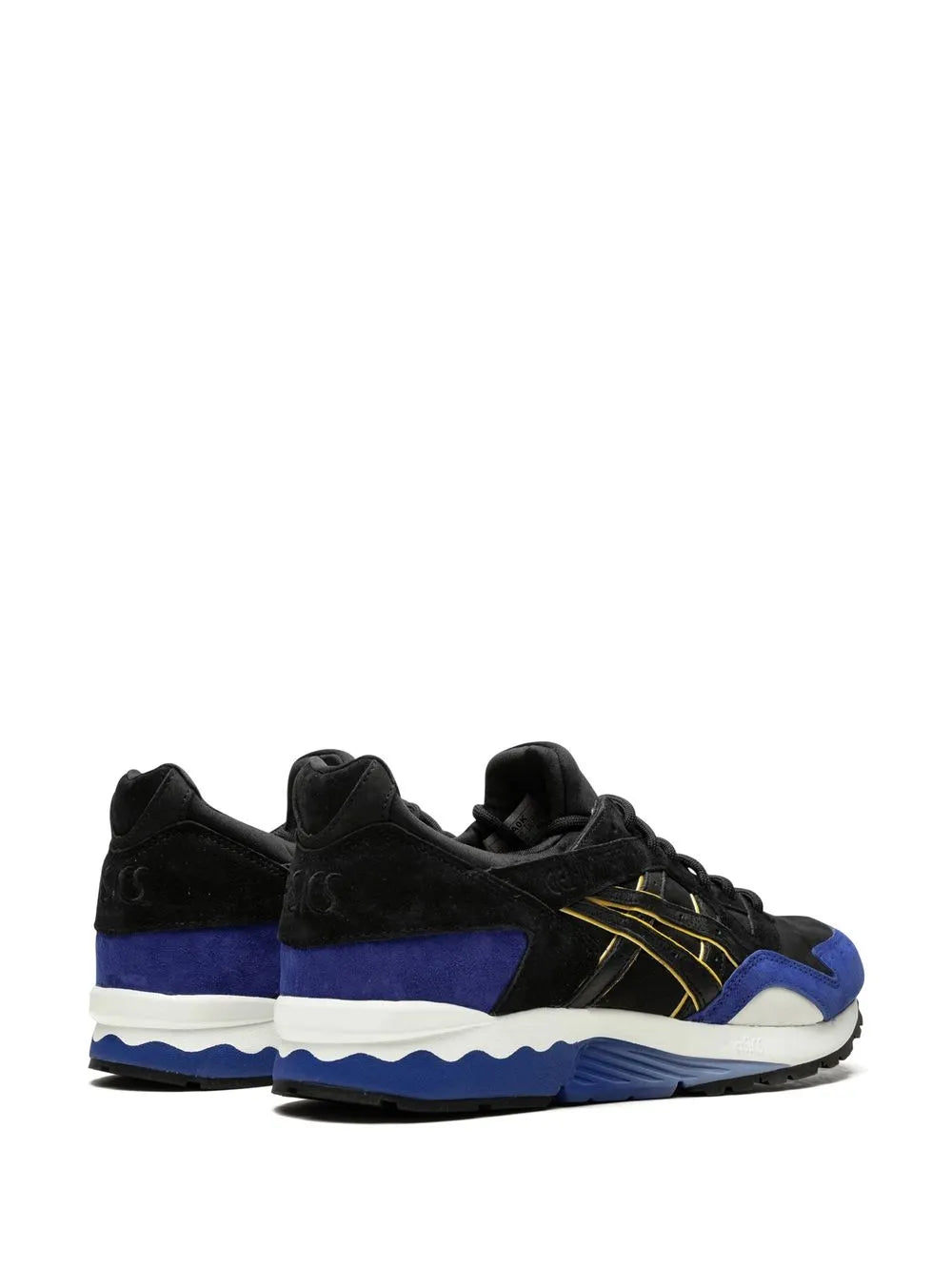 Black/blue lace-up sneaker with gold side stripes and white midsole, rear view