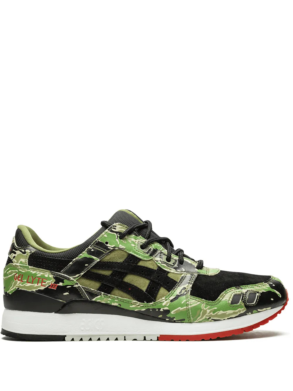 ASICS Gel-Lyte 3 running sneaker in black and green camo, lace-up with red accent