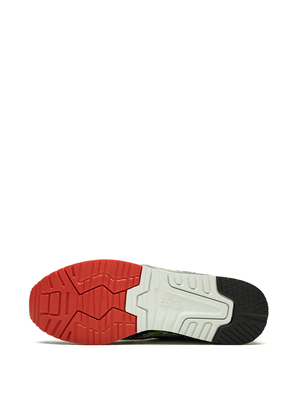 Shoe outsole for black and green camo sneaker, red and gray tread