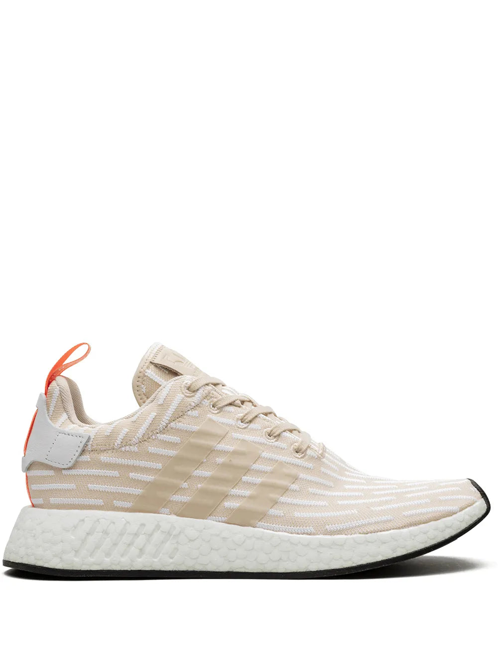 Beige knit running sneaker with lace-up closure and orange heel accent