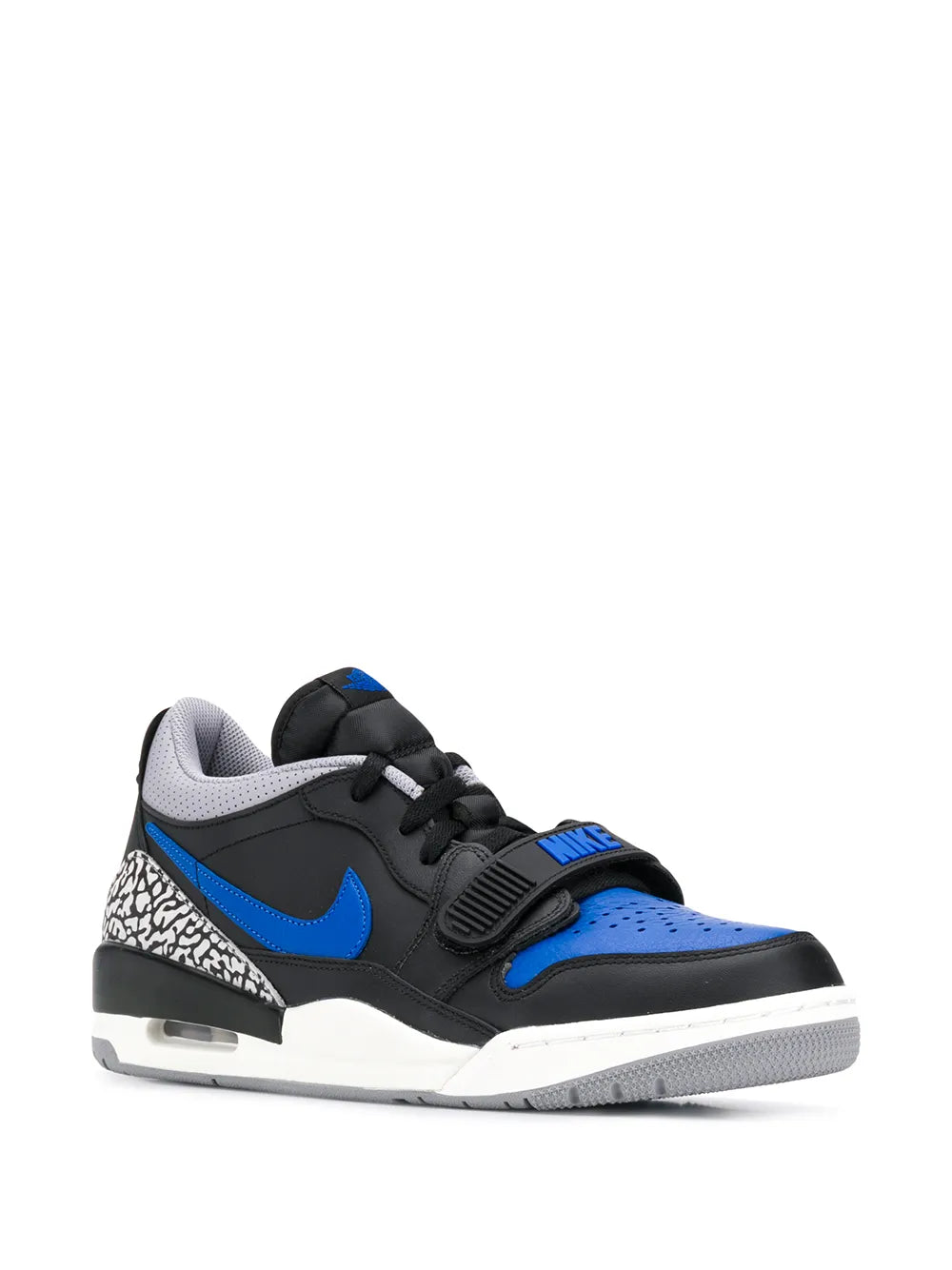 Black and blue low-top sneakers with blue swoosh and side strap detail