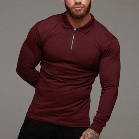 Wine red long-sleeve polo shirt with half-zip placket