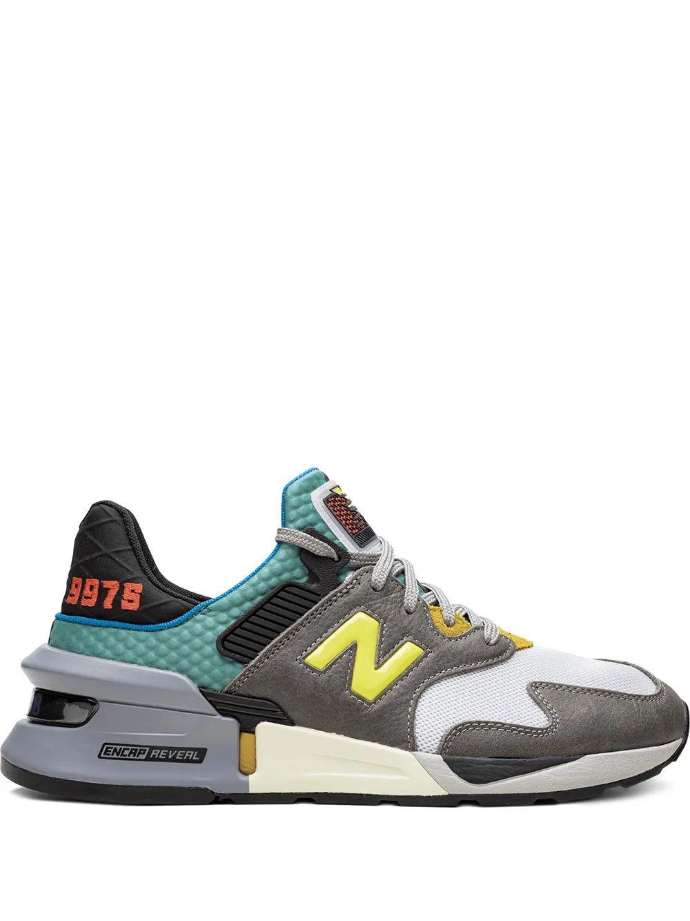 New Balance sneakers, gray with teal and black panels, neon yellow N logo