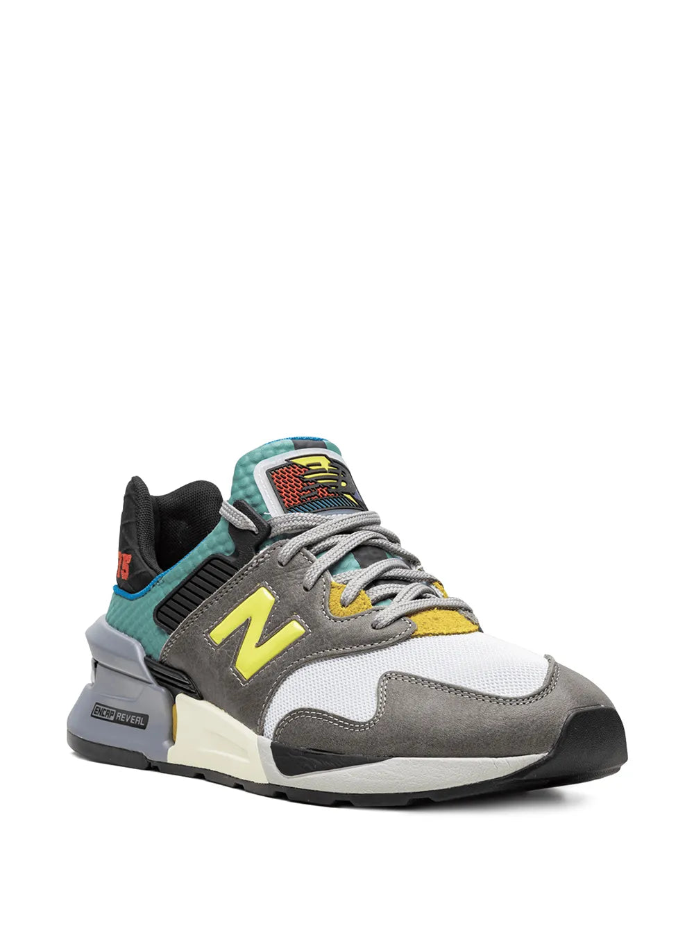 New Balance sneakers in gray/white with teal tongue and neon yellow N logo