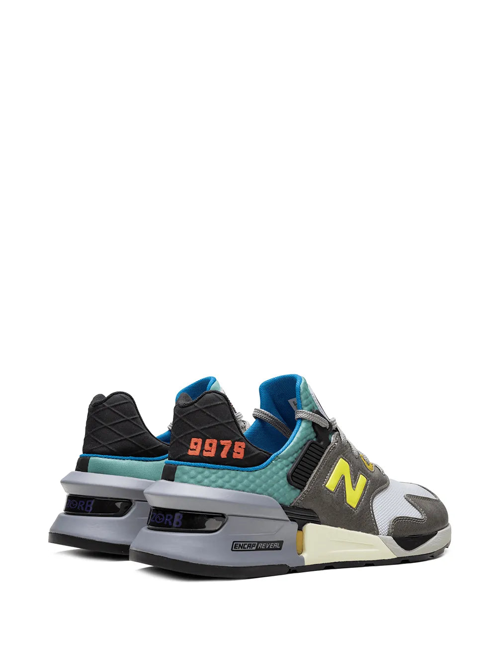 New Balance sneakers, side view with gray uppers, teal accents, neon yellow N logo