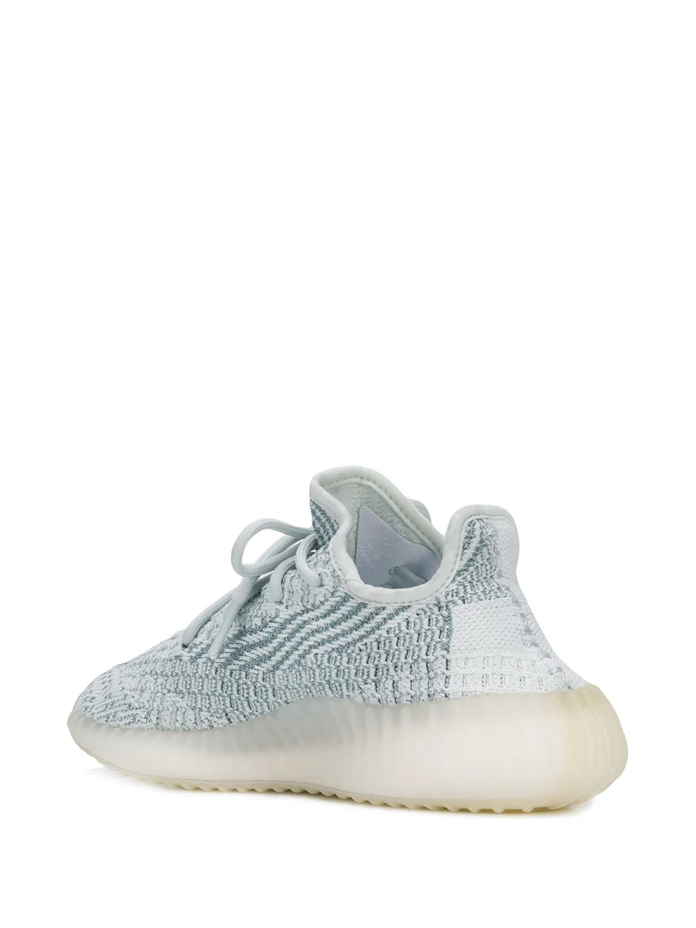 Light-blue knit sneaker with sock-style collar, cream midsole and textured side stripe