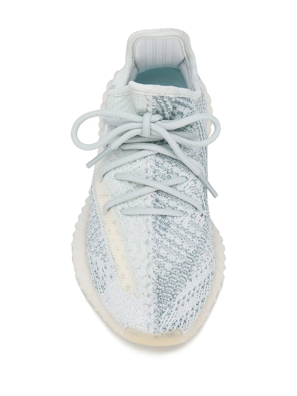 Sneaker with white laces, knit upper pattern, and cream rubber sole