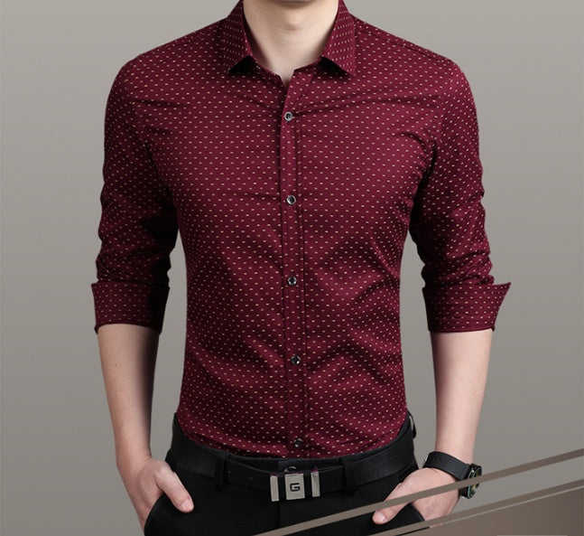 Men's dress shirt in wine red with small dot pattern, button-up collar and sleeves