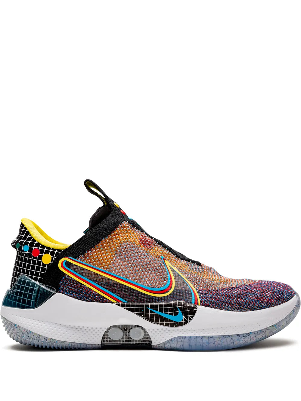 Nike Adapt BB sneakers with multicolor knit upper, black collar, blue and orange logo