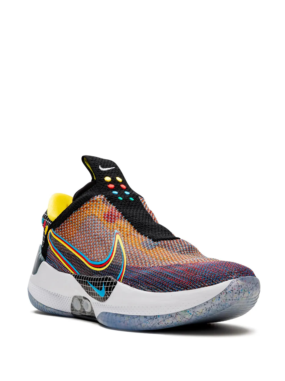 Nike Adapt BB sneakers, orange-blue multicolor knit with neon trim and yellow collar