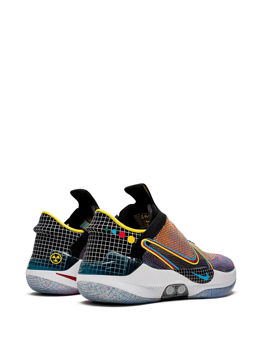 Nike Adapt BB sneakers, rear view with teal grid panel and multicolor heel