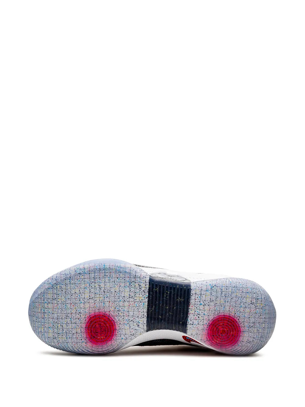 Nike Adapt BB sneakers outsole view, textured light sole with black heel pads