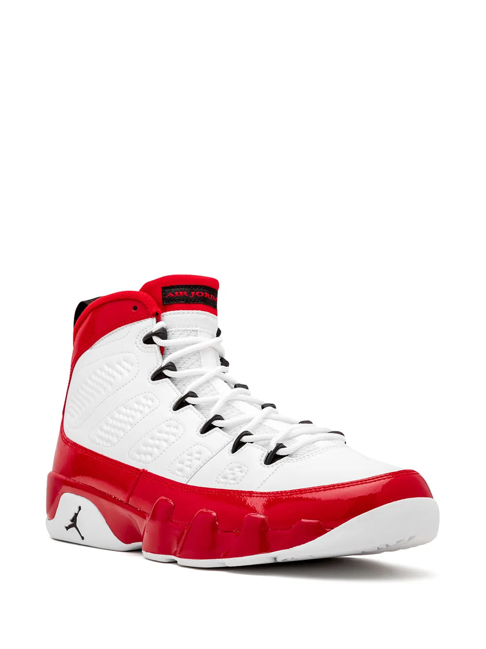 Air Jordan 9 high-top sneakers: white uppers, red trim, black laces