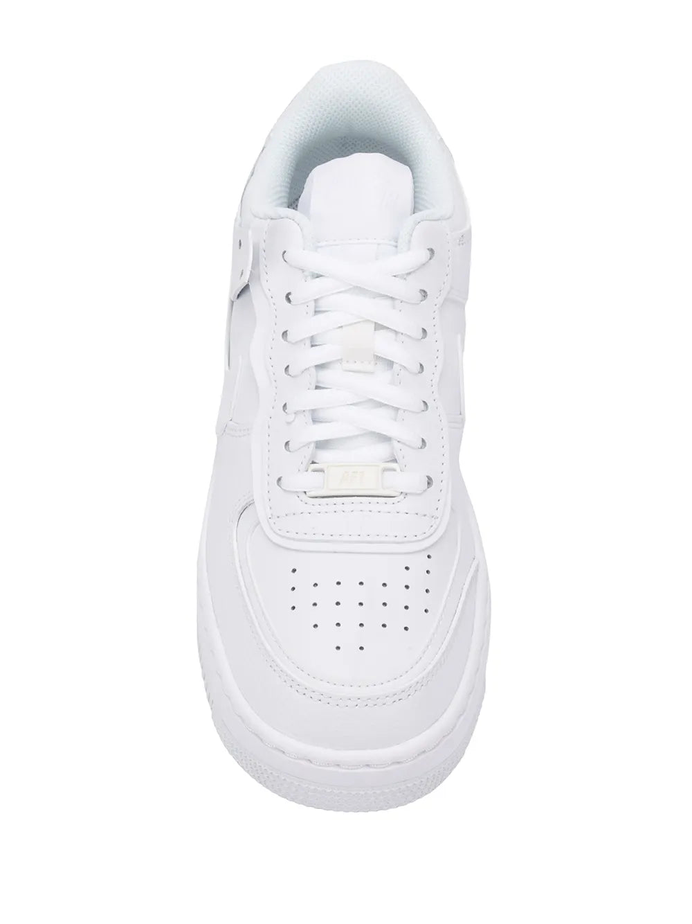 White Nike AF1 Shadow sneakers close-up with perforated toe and laces