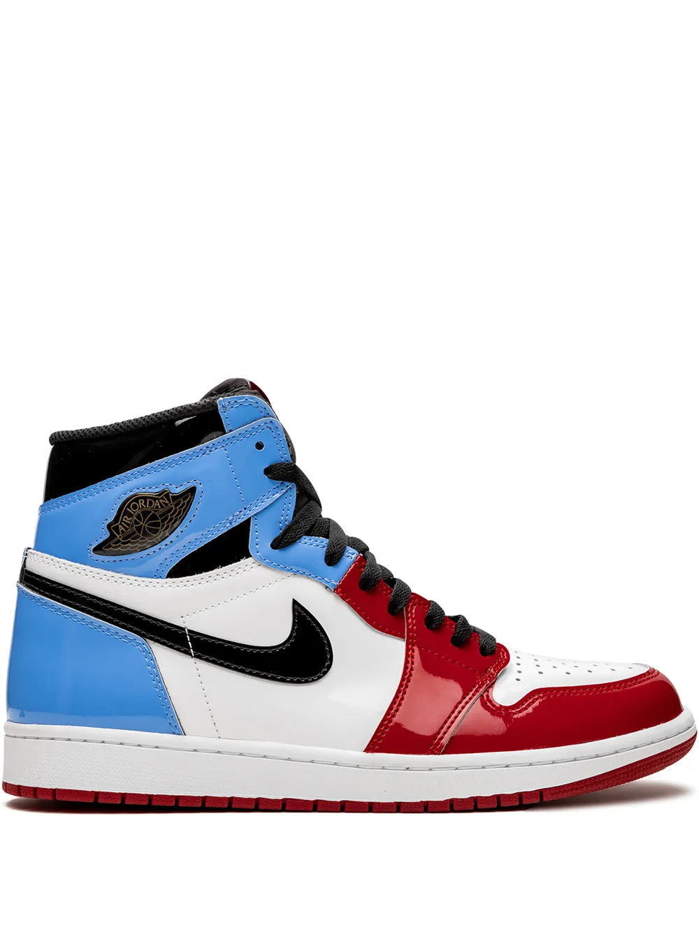 High-top sneakers with blue, white, red panels, black swoosh, and black collar