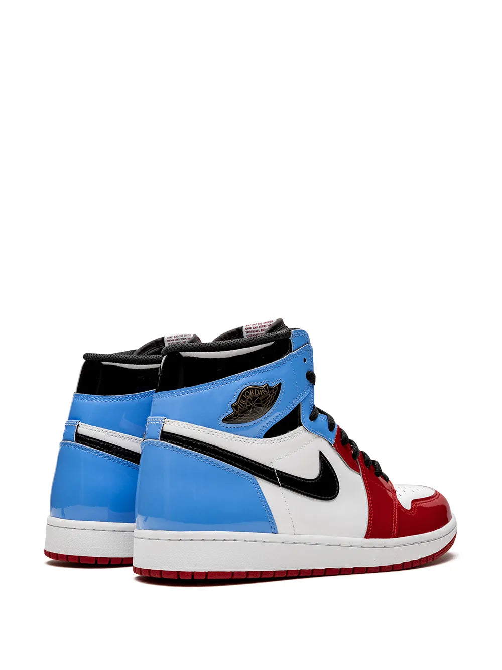 Pair of high-top sneakers with blue heels, white sides, red toe, black swoosh