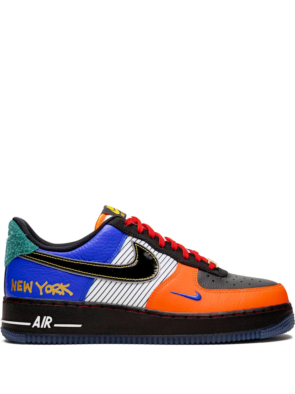 Nike Air Force 1 Low 07 sneaker with multicolor panels, 'NEW YORK' side, red laces