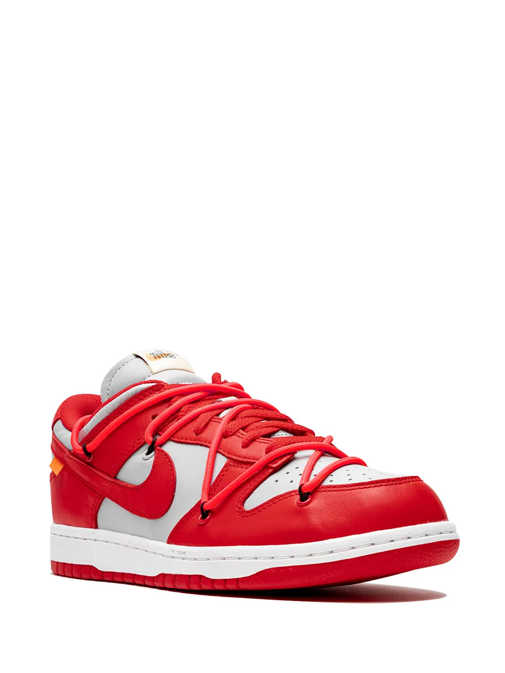 Red and white lace-up low-top sneaker with Nike Swoosh and white side panels.