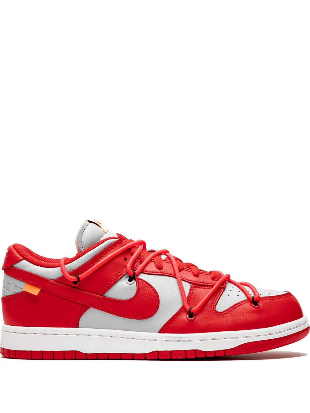 Red and white low-top sneaker with Nike Swoosh, lace-up front and rubber sole.