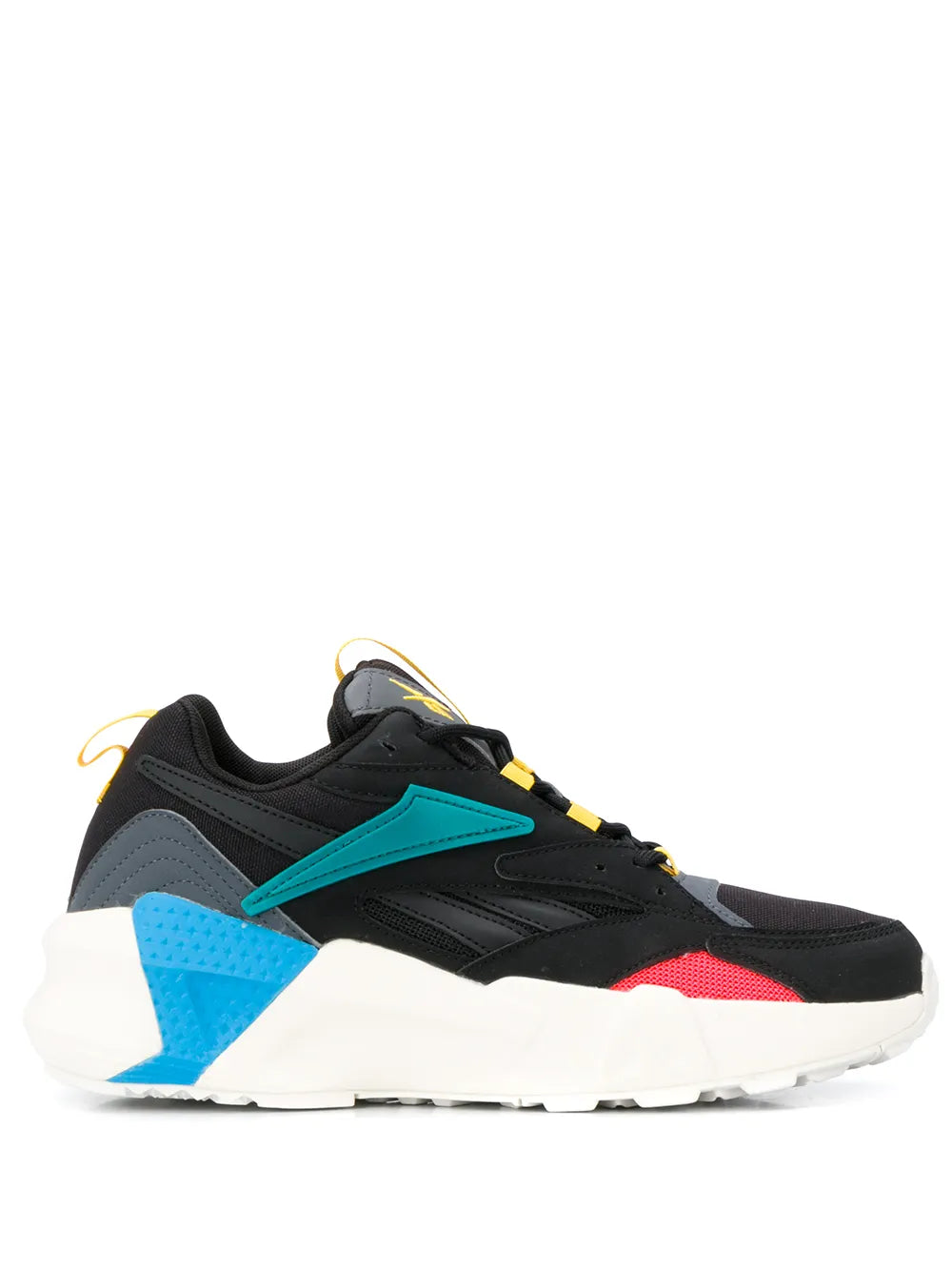 Black low-top sneaker with teal panels, blue heel, red accent, yellow lace details
