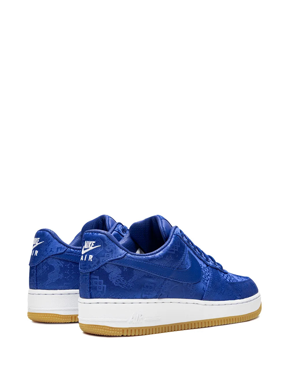Nike x CLOT Air Force 1 Premium blue sneakers, heel and side view, gum outsole