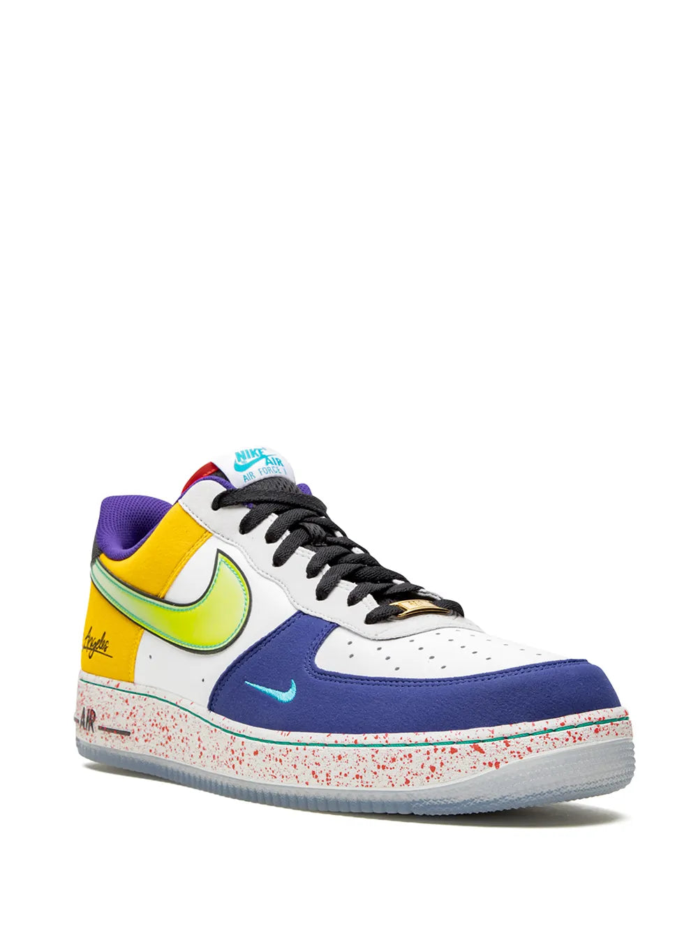 Nike low-top sneaker side view in white, yellow, green and purple with blue swoosh